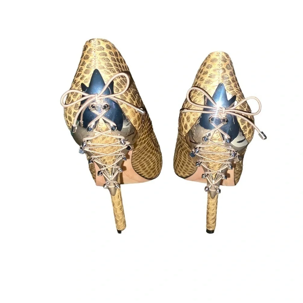 Sam Edelman Evan Snakeskin Gold Spike Heels Size 6 - Picture 14 of 15